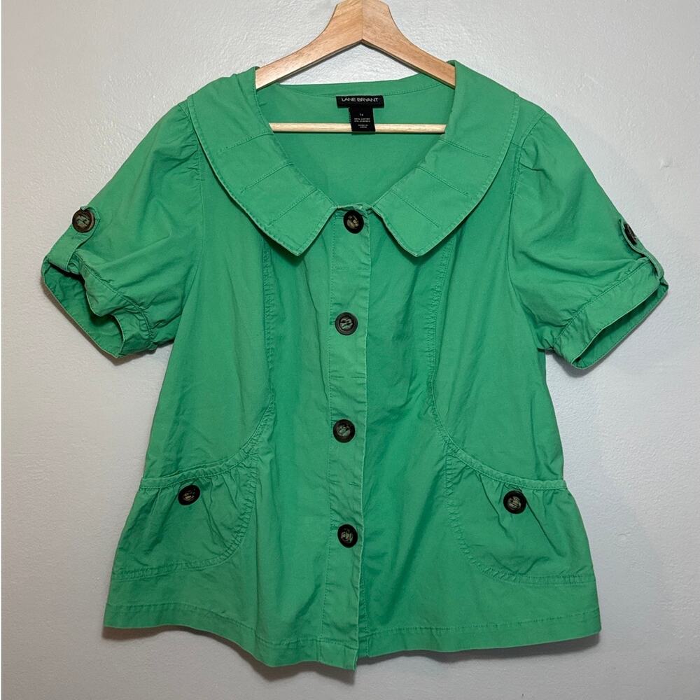 Women's Size 14 Lane Bryant Y2K Green Peter Pan Collar Button Pocket Detail Top